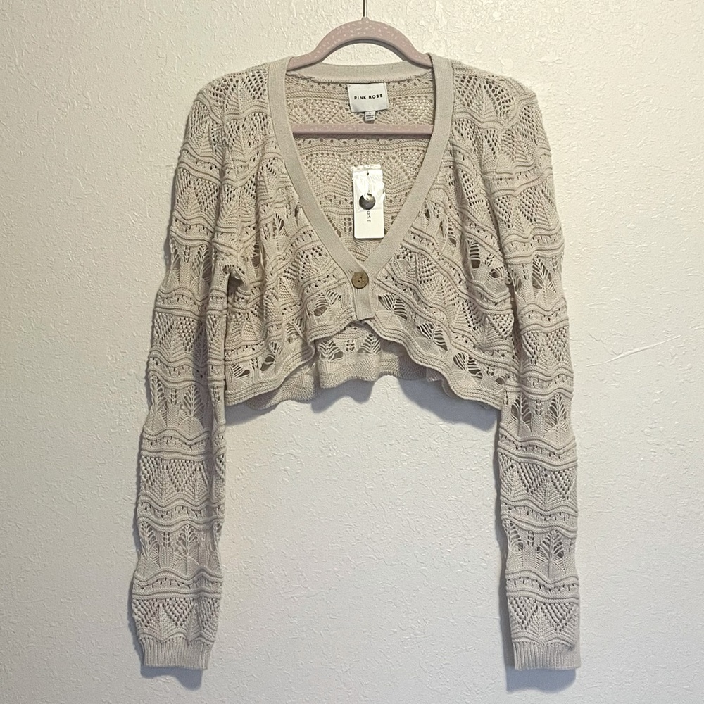 Pink Rose | Open Knit Cropped Long Sleeve Cardigan